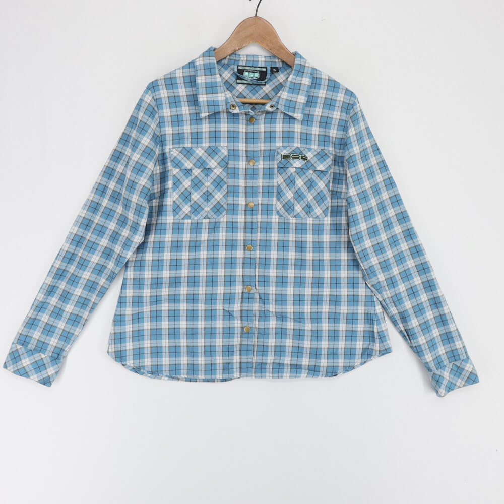DSG Outerwear Shirt Womens XL Steel Blue Plaid Snap Front Cotton Flannel